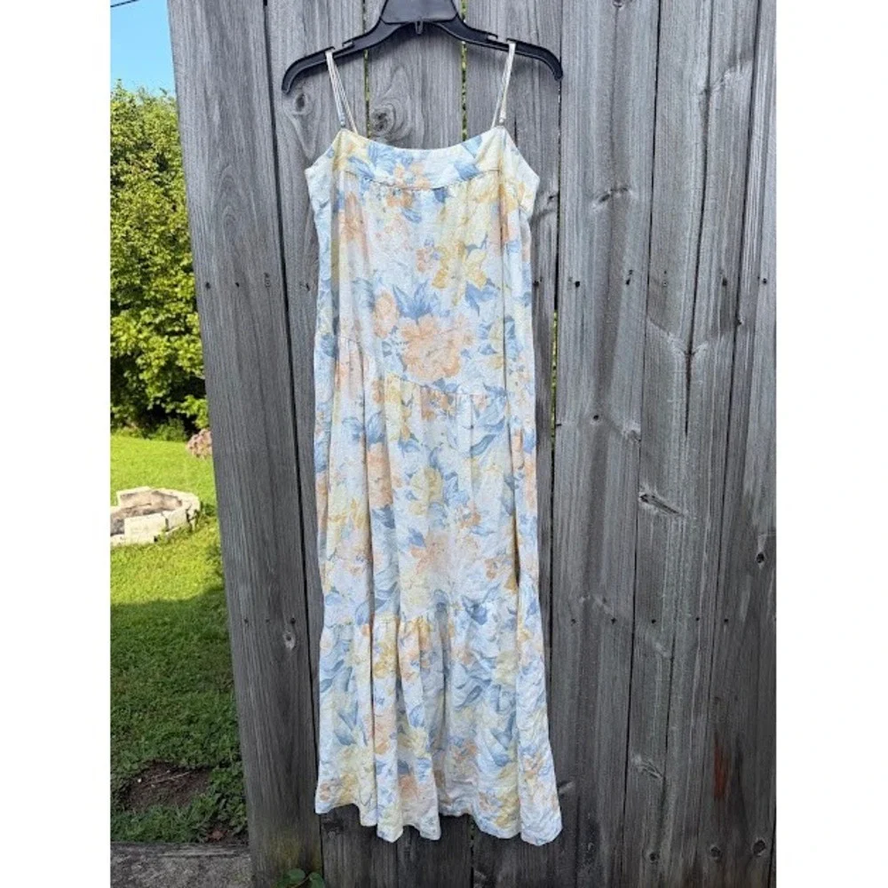 Cottagecore Boho Abercrombie & Fitch Maxi Dress MT Blue Floral Tiered Linen